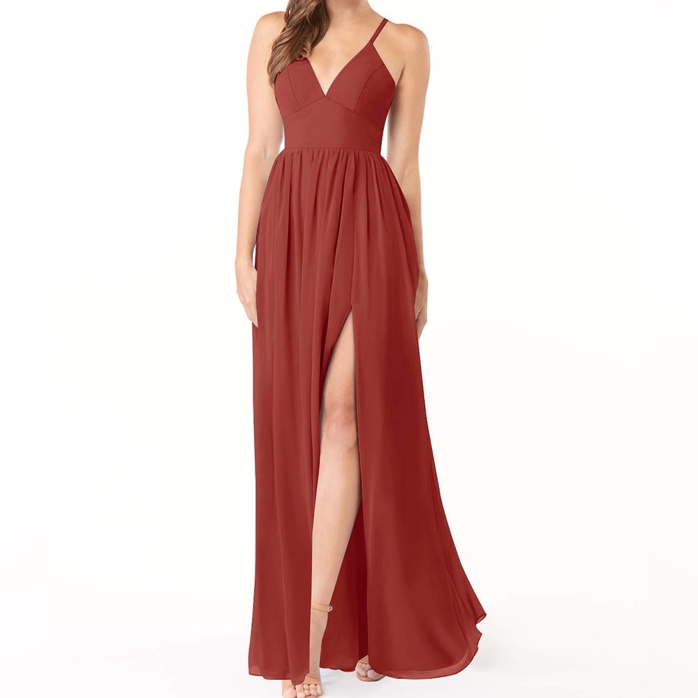 Azazie Aaida A-Line Chiffon Floor-Length Dress Terracotta Corset Back